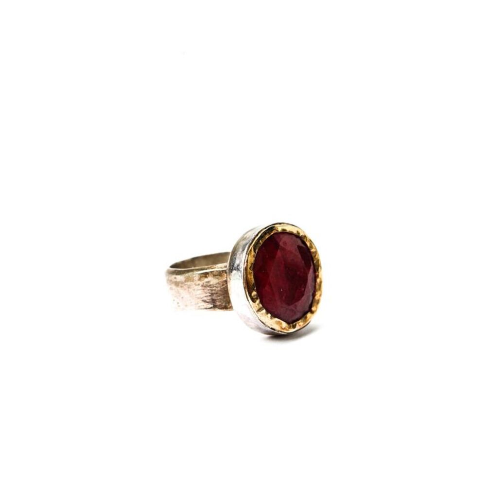Designer Womens 925 Silver + 9K Gold Accent Ruby Hammered Ring Sz 8 10.8g
